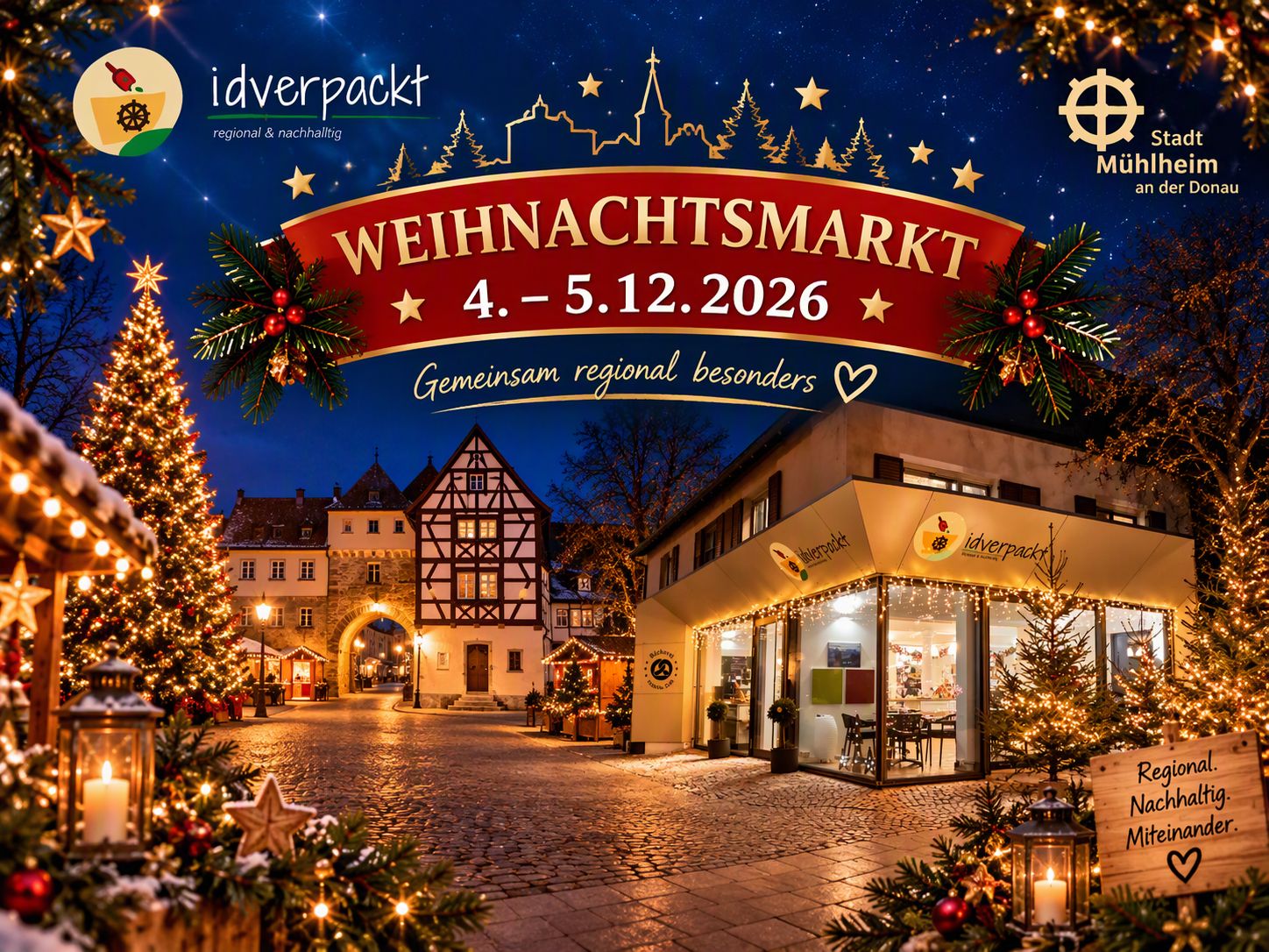 Plakat zum Weihnachtsmarkt bei idverpackt am 4. und 5. Dezember 2026 in Mühlheim an der Donau: beleuchtete Altstadt mit Weihnachtsbaum, Markthütten, Laternen und rotem Titelbanner