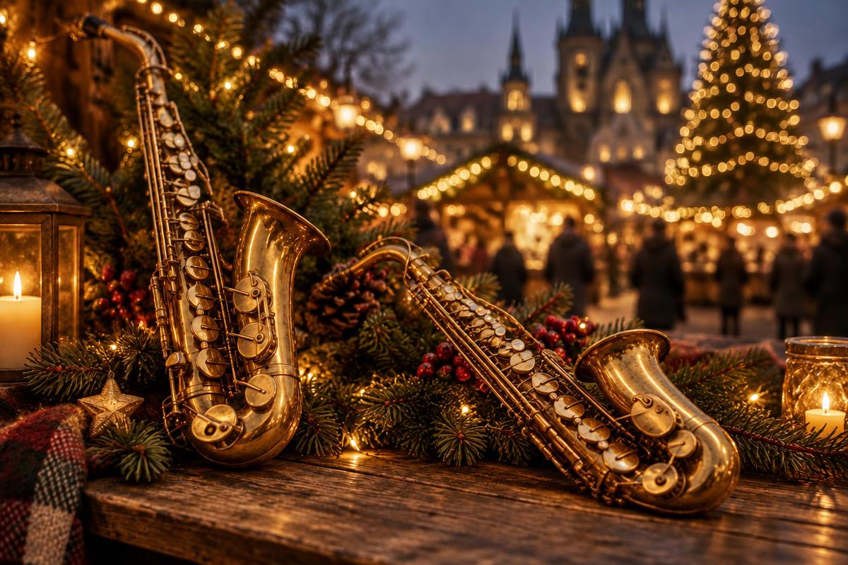 Weihnachtlich geschmückte Blasinstrumente – Saxofon und Trompete – im warmen Licht eines Weihnachtsmarkts