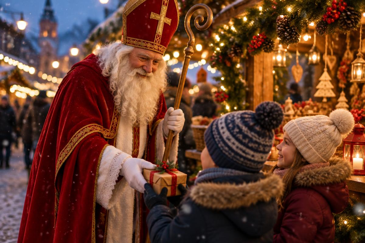 Der Nikolaus in rotem Mantel und Mitra mit goldenem Stab überreicht einem Kind ein kleines Geschenk, zwei weitere Kinder schauen zu; im Hintergrund ein weihnachtlich geschmückter Markstand mit Lichterketten und Tannengrün