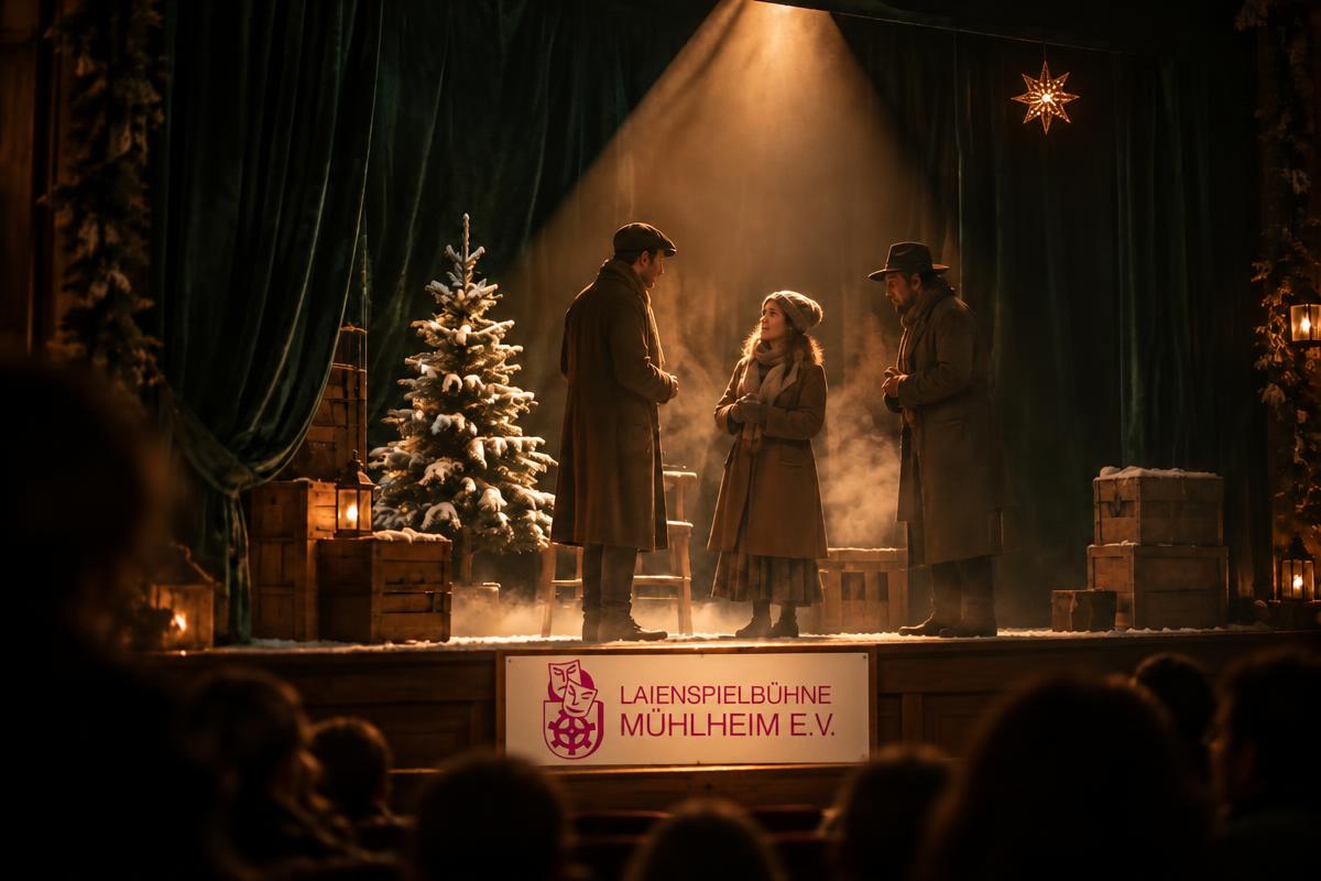 Weihnachtstheater auf einer kleinen Bühne: Schauspieler im Scheinwerferlicht vor dunkelgrünem Vorhang